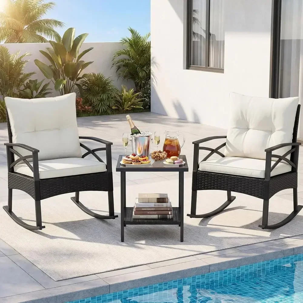 3-Piece Outdoor Rocking Chair Set with Cushions and 2-Tier Glass Coffee Table for Garden, Balcony, Backyard (Black + Beige)