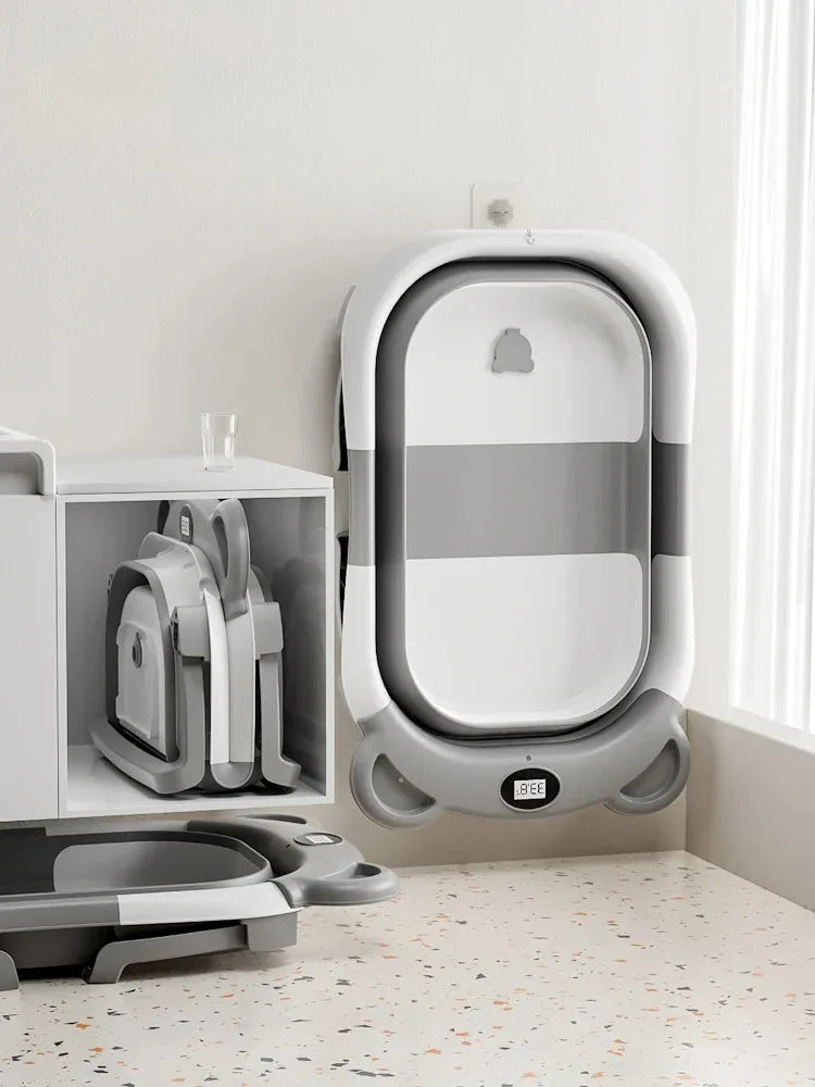 Collapsible Baby Bathtub With Thermometer Floating Cushion And Drain