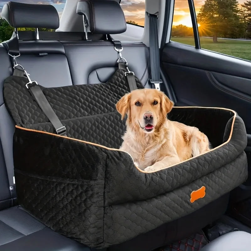Dog Car Seat Booster Cushion with Memory Foam - Secure Strap Installation, Thick Padding & Storage Bag - Heavy-Duty Travel Bed for Large/Medium Dogs up to 24.95 KG or 2 Small Dogs - Washable Car Seat Protector - Gray Pet Vehi