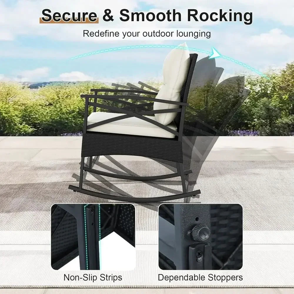 3-Piece Outdoor Rocking Chair Set with Cushions and 2-Tier Glass Coffee Table for Garden, Balcony, Backyard (Black + Beige)