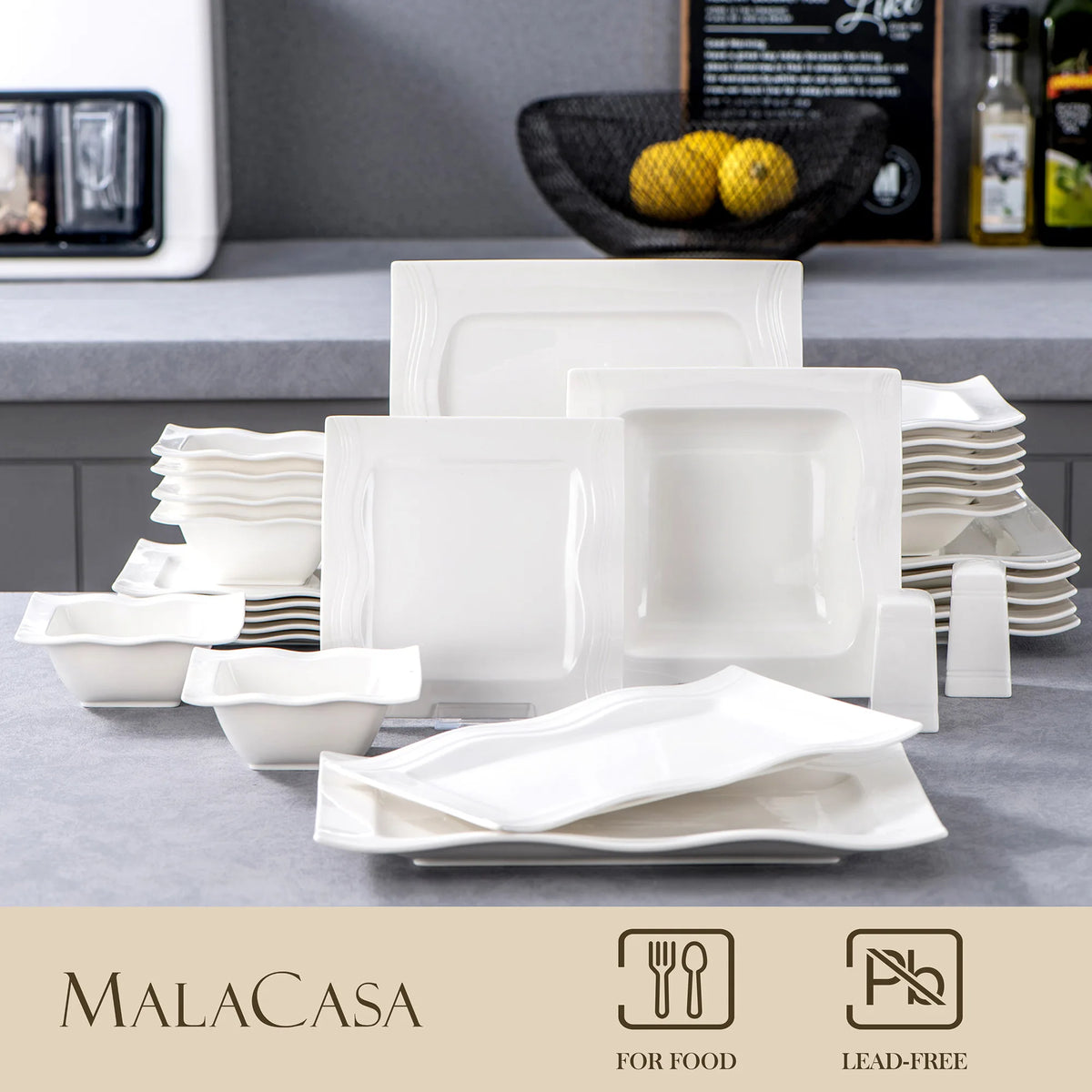 MALACASA Square Dinnerware Set Porcelain Plates and Bowls