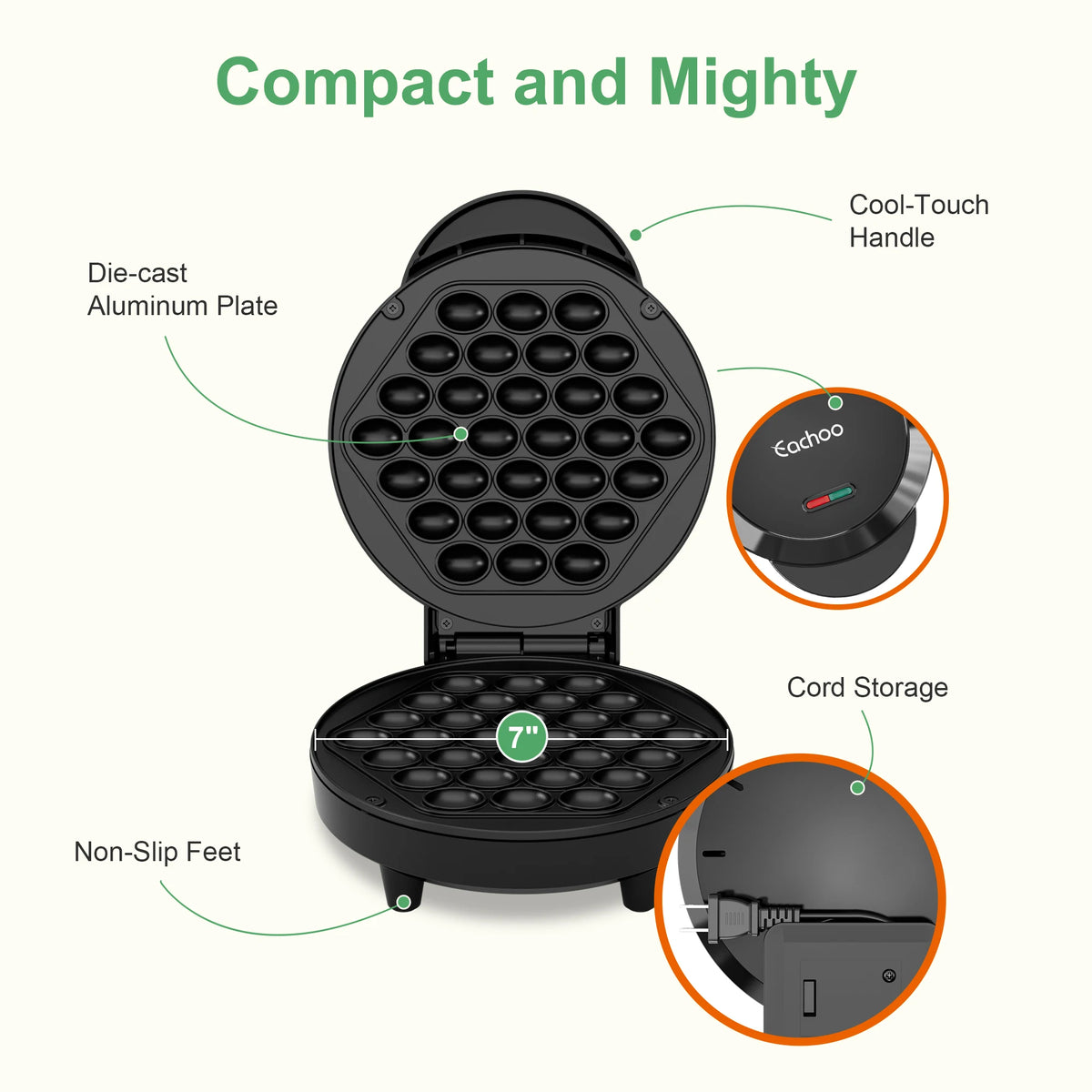 CACHOO Bubble Waffle Maker 950W Nonstick Griddle for Desserts