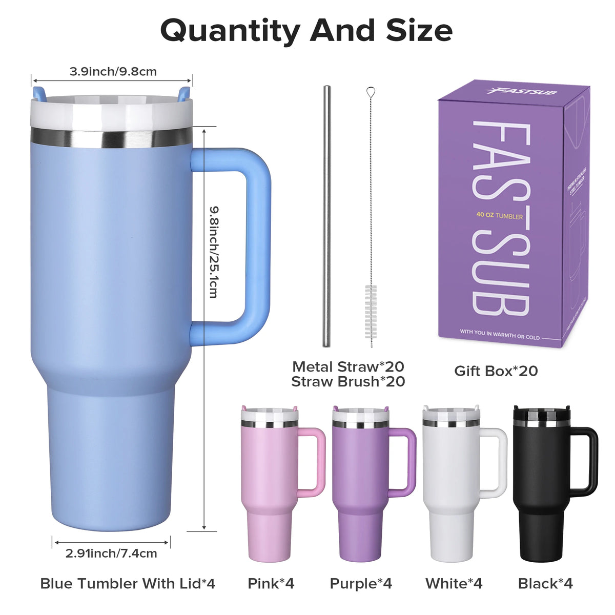 Fastsub Vacuum Tumbler With Handle And Straw Stainless Steel