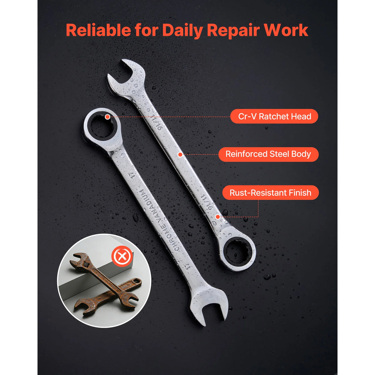 Carbon Steel Ratcheting Combination Wrench Set With Storage Rack