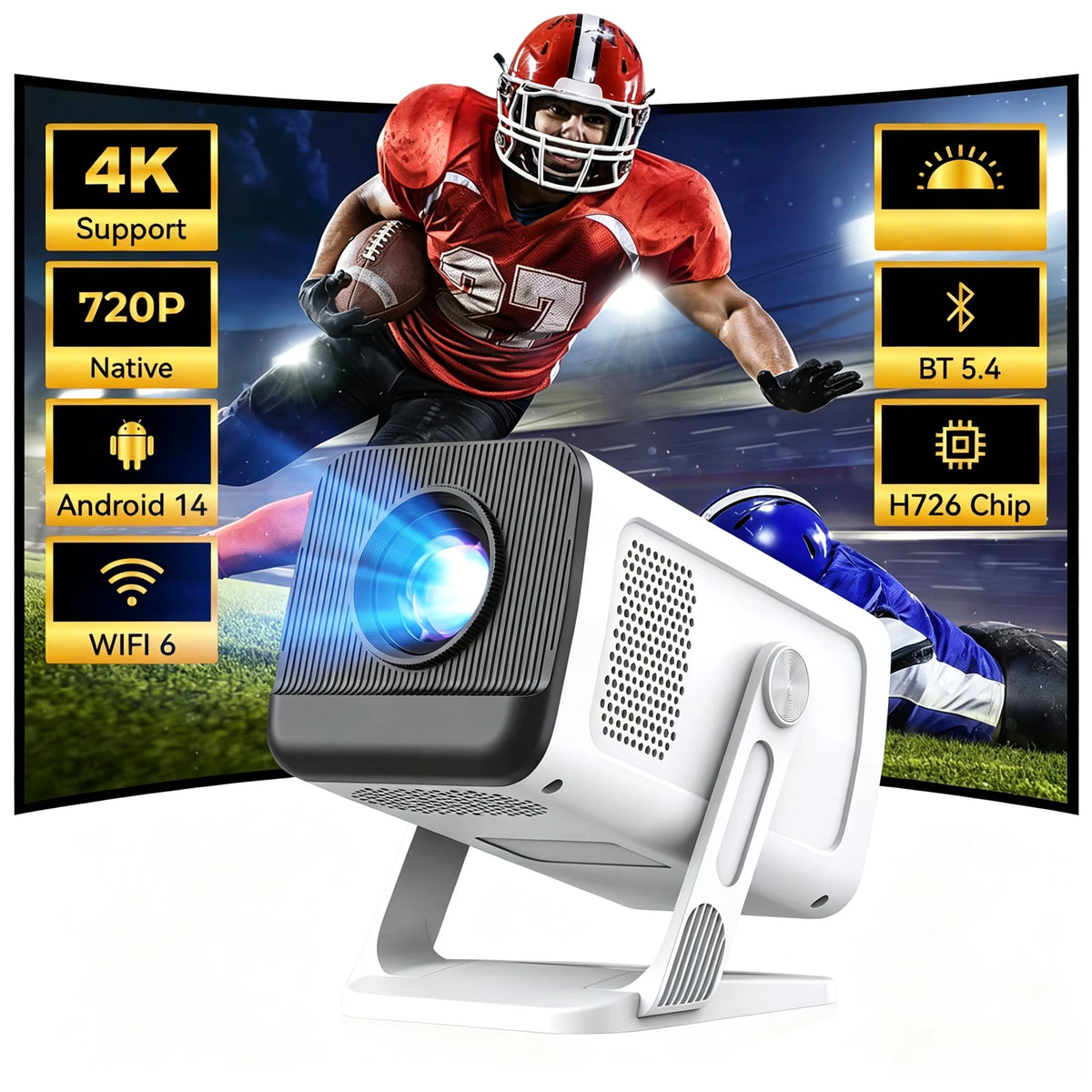 Android 14 Projector With 720P Native Display And 4K Support