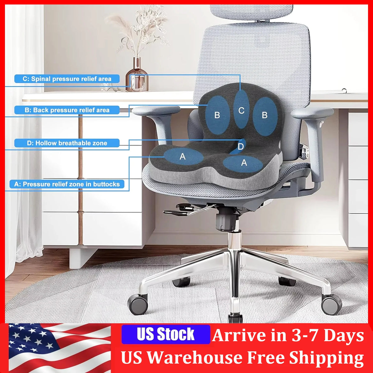 Memory Foam Office Chair Seat Cushion With Breathable Backrest Support
