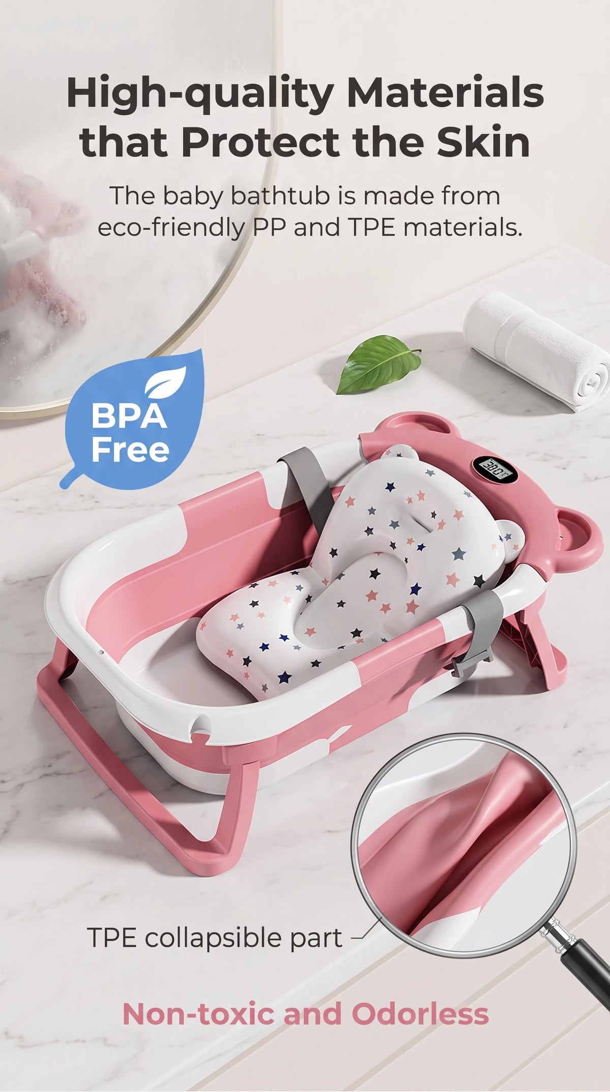 Foldable Baby Bathtub With Thermometer Drain Hole And Cushion