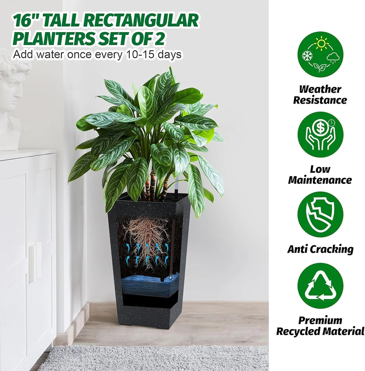 Twister Rectangular Planters Set With Drainage For Indoor And Outdoor