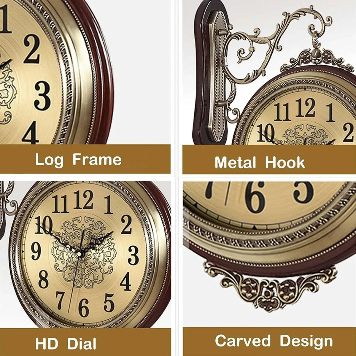 European Style Double Sided Wall Clock Alloy And Wood