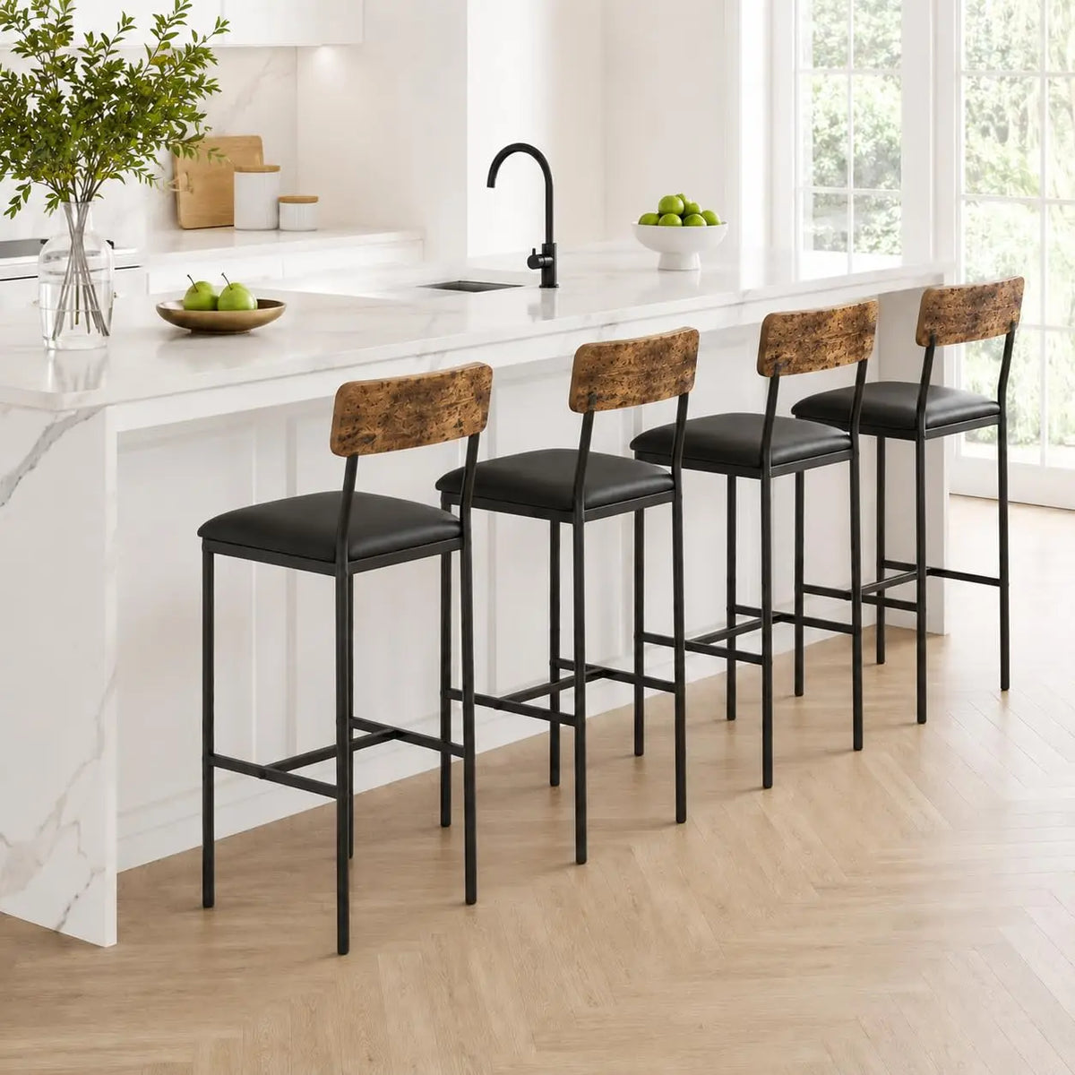 4 PCS Counter Height Bar Stools 25.5'' PU Leather Upholstered Bar Chairs with Backrest & Footrest Easy Assembly Black for Kitchen