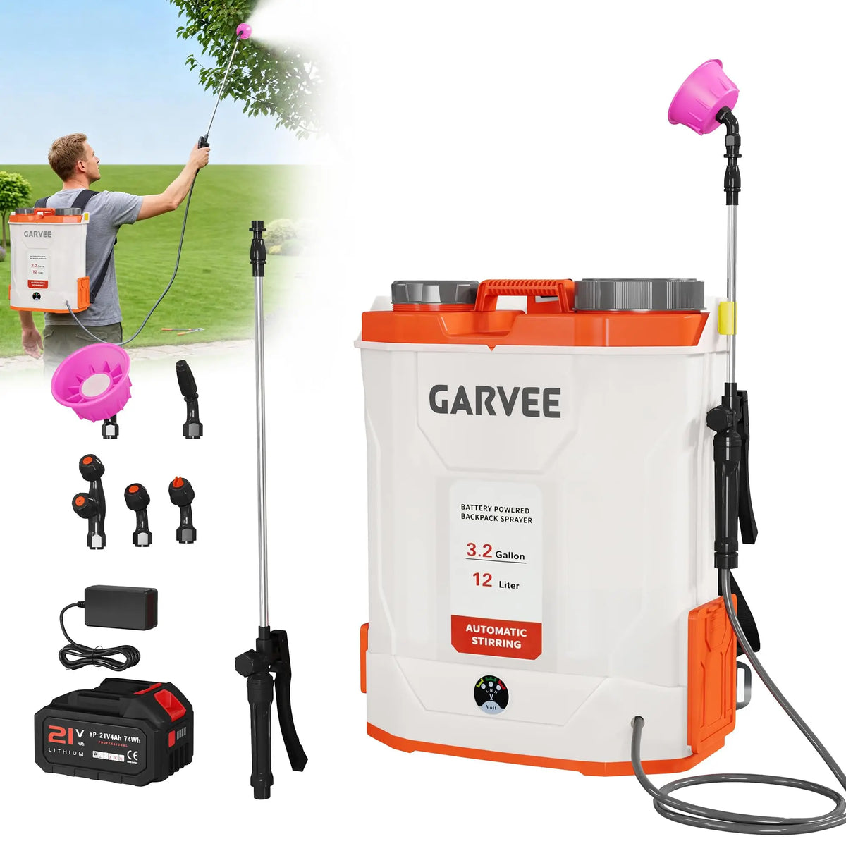 Battery Powered Backpack Sprayer 3.2/5.3 Gallon 21V 4Ah Electric Weed Sprayer 90 PSI Agitation System 5 Nozzles