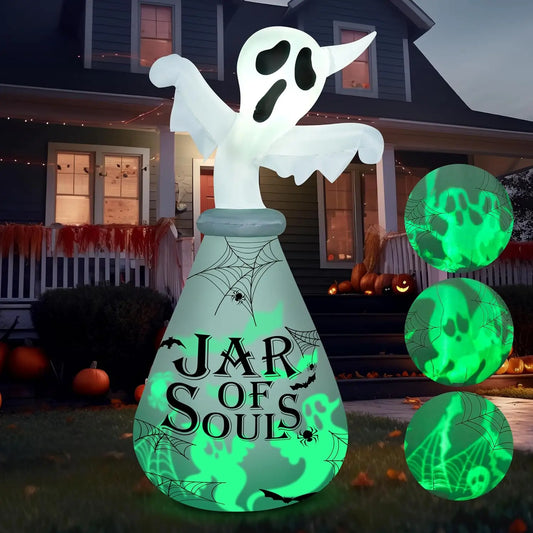 6 FT Halloween Inflatable Outdoor Decoration, Ghost Inflatable Halloween Decor Outdoor, Blow Up Ghost in the Jar with Green Projecting LED for Halloween Yard Decoration