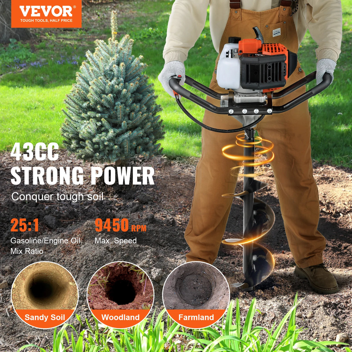 SucceBuy 43cc Gas Powered Post Hole Digger Earth Auger