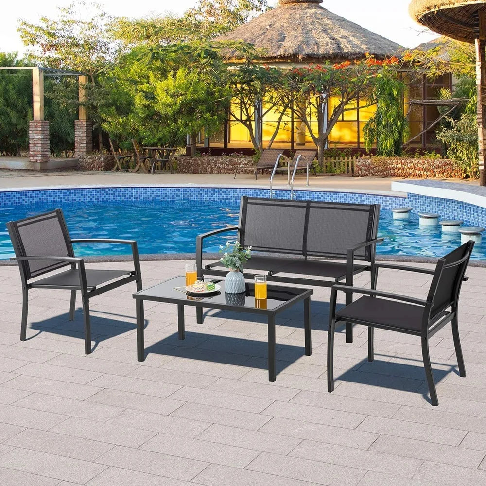 Patio Furniture 4 Piece Outdoor Conversation Set With Glass Coffee Table