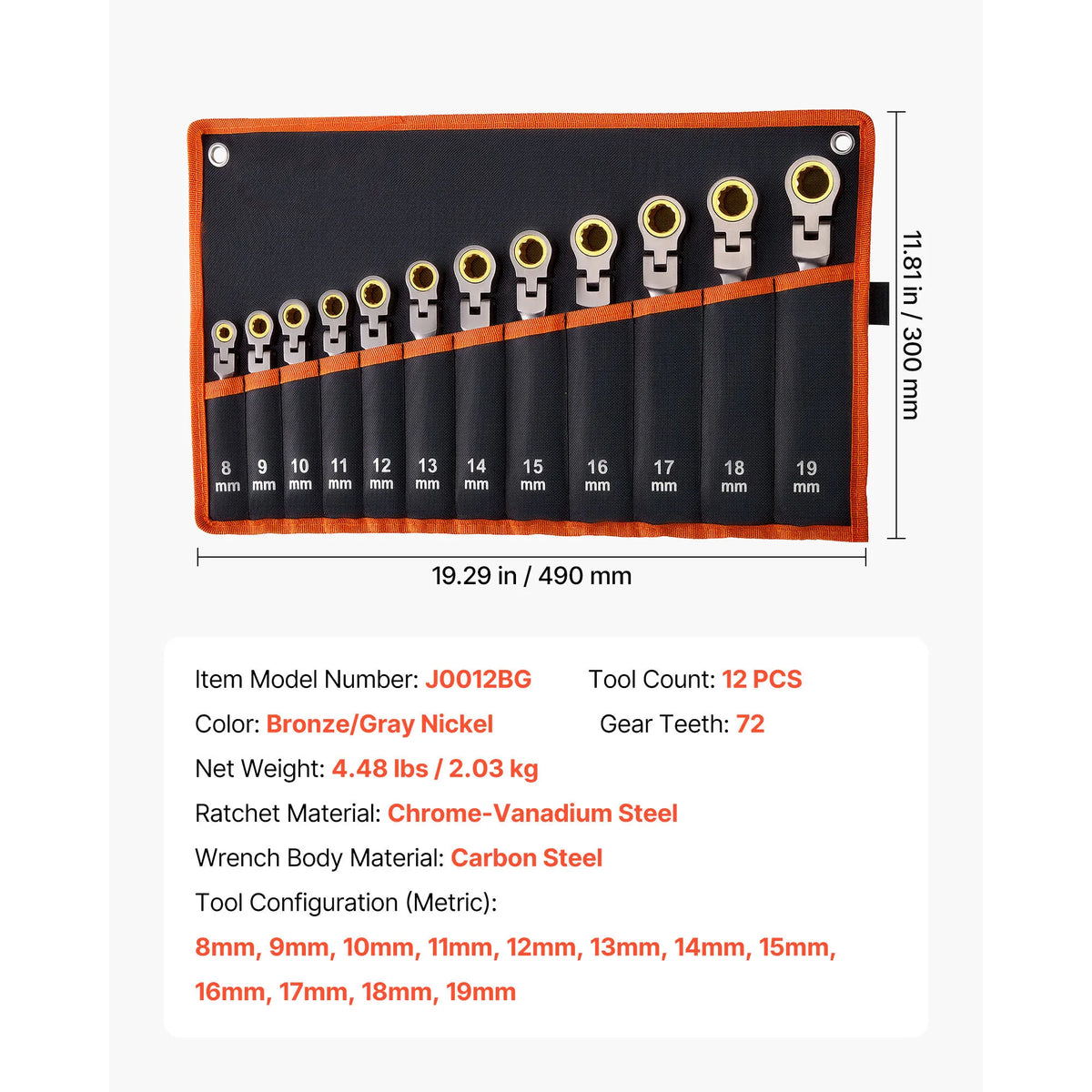 Carbon Steel Ratcheting Combination Wrench Set With Storage Rack
