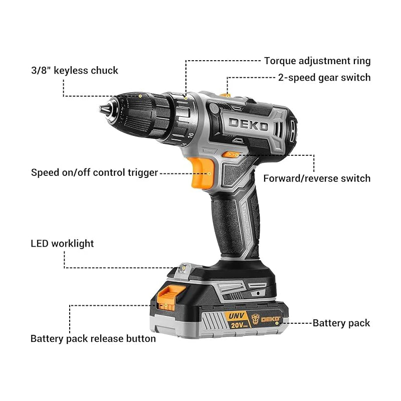 DEKO 20V Women's Cordless Drill with Battery and Charger 20V Drill Driver Kit Suitable for Woodworking Household Tools