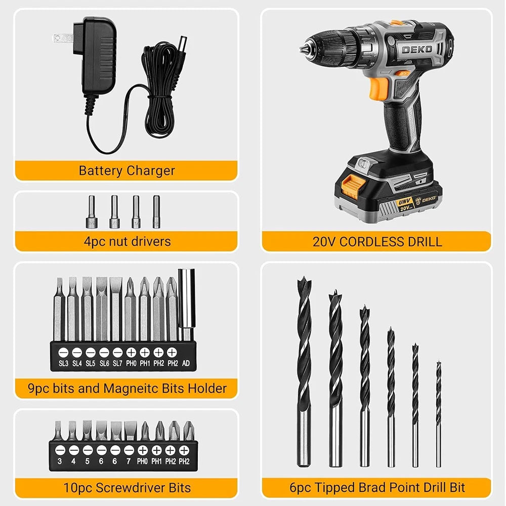DEKO 20V Women's Cordless Drill with Battery and Charger 20V Drill Driver Kit Suitable for Woodworking Household Tools