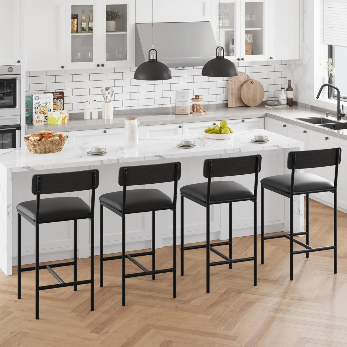 4 PCS Counter Height Bar Stools 25.5'' PU Leather Upholstered Bar Chairs with Backrest & Footrest Easy Assembly Black for Kitchen