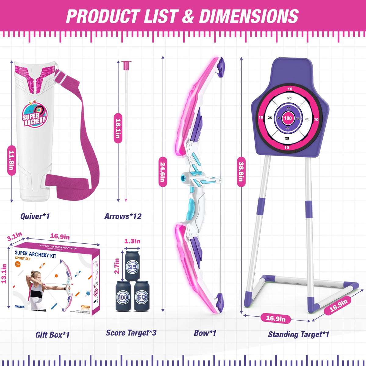 Bow and Arrow Set 3-8,Kids Archery Set with LED Lights Includes 12 Suction Cup, 1 Standing Target, 3 Score Targets & 1 Quiver, Outdoor Toys for Boys & Girls Ages 3-12 Years Old