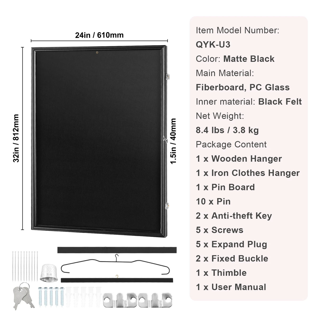 SucceBuy Jersey Display / Sports Card Display Frame Case, Large Lockable Sport Shadow Box, 98% UV Protection PC Glass & Hangers