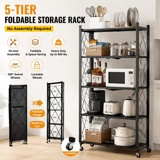 Heavy Duty Five Tier Collapsible Rolling Metal Storage Rack