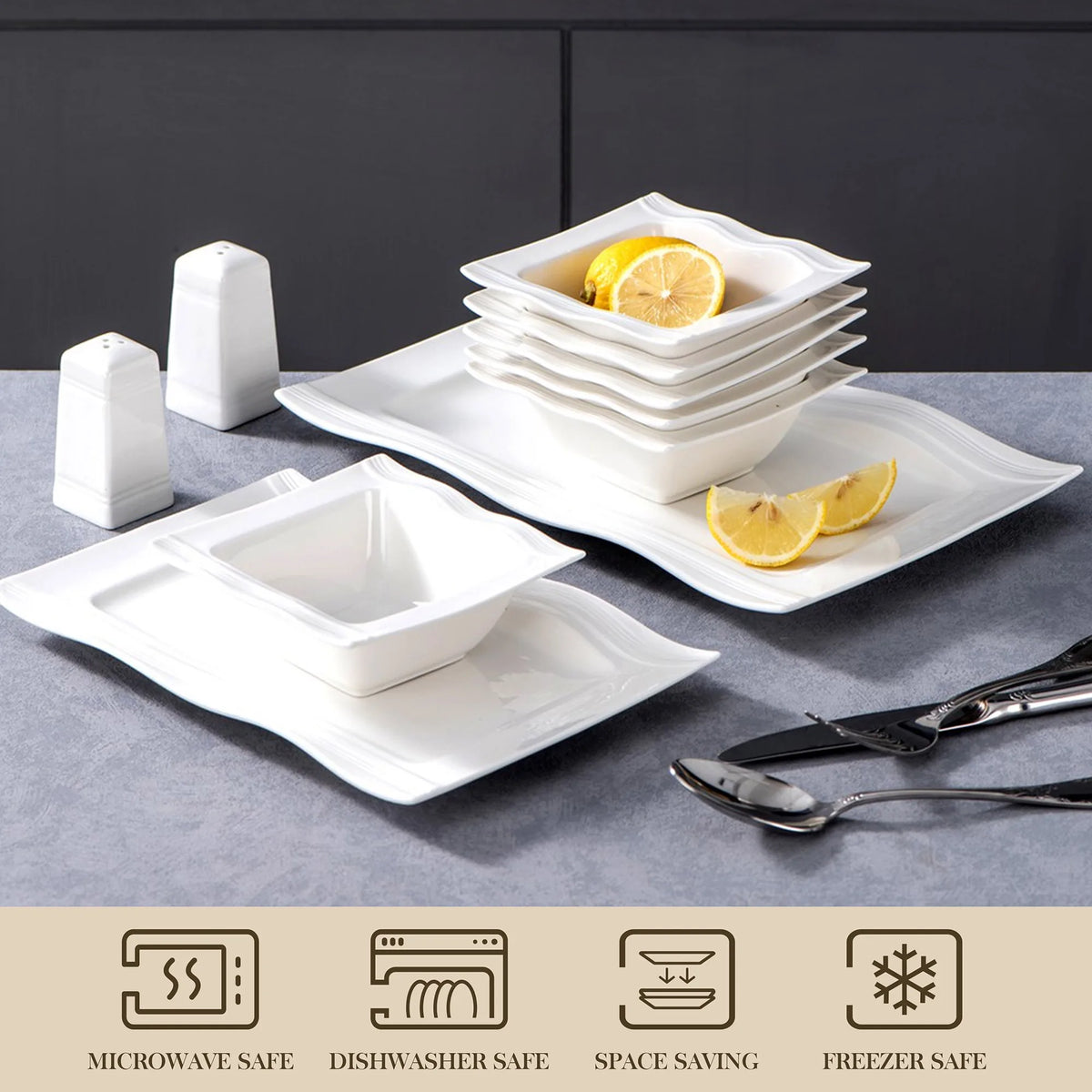 MALACASA Square Dinnerware Set Porcelain Plates and Bowls