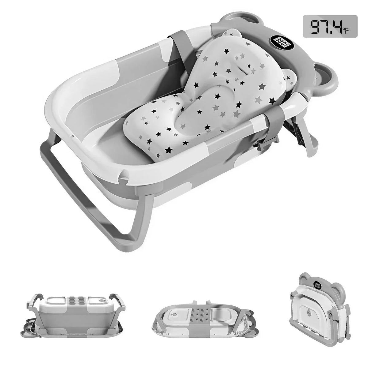 Collapsible Baby Bathtub With Thermometer Floating Cushion And Drain