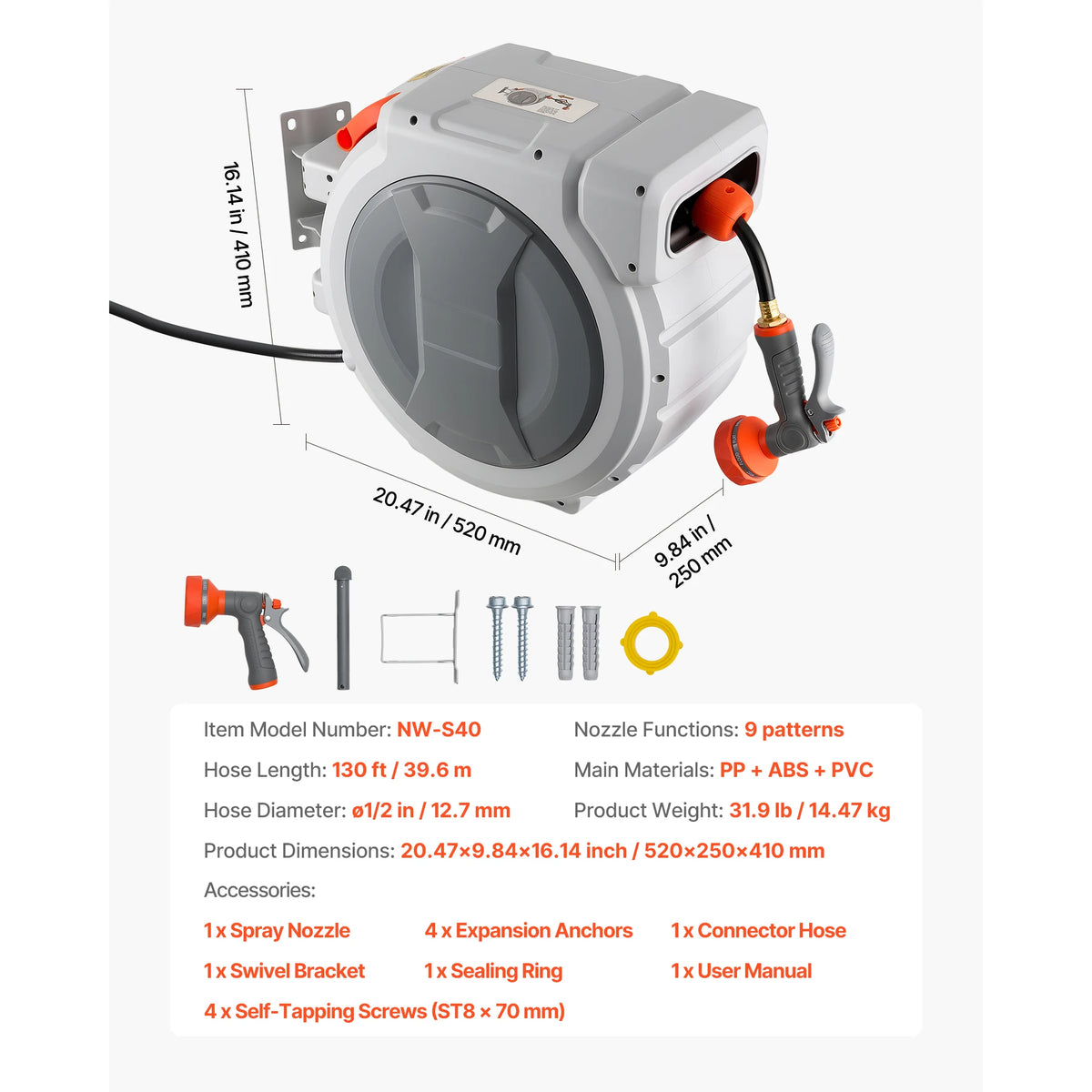 Wall Mounted Retractable Garden Hose Reel With Sprayer Nozzle