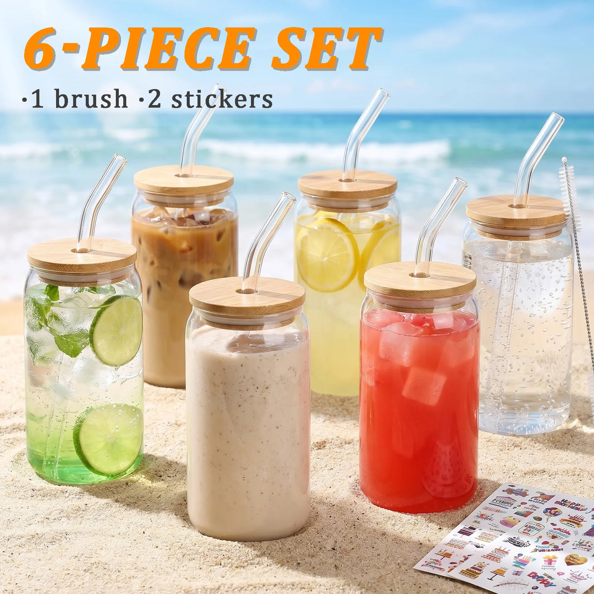 Can Shaped Glass Cups With Bamboo Lids And Reusable Straws
