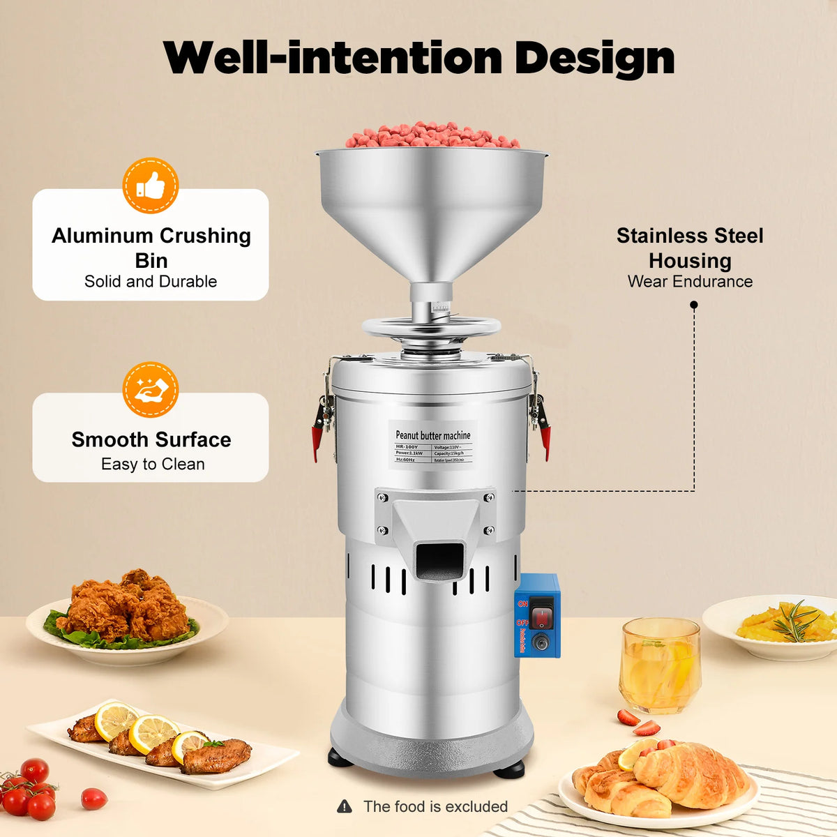 1100W Commercial Peanut Butter Maker High Grinding 33 Lbs