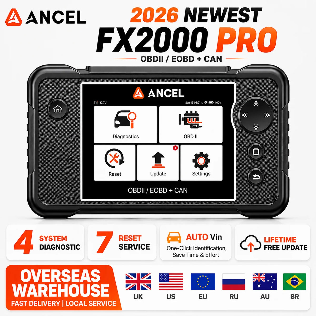 Ancel FX2000 Pro OBD2 Scanner ABS SRS Transmission 7 Reset