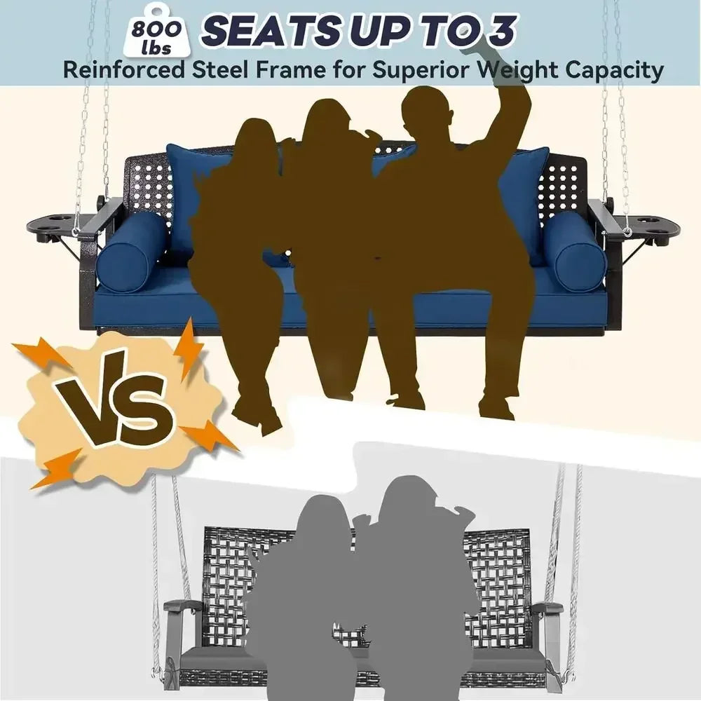 Three Seat Patio Swing Bench With Cup Holders And Cushions