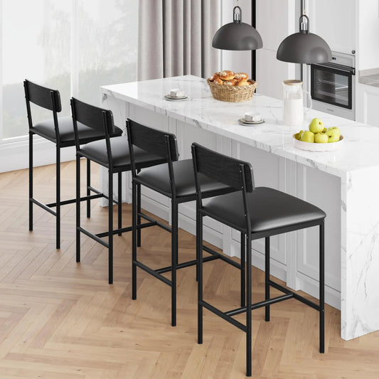 4 PCS Counter Height Bar Stools 25.5'' PU Leather Upholstered Bar Chairs with Backrest & Footrest Easy Assembly Black for Kitchen