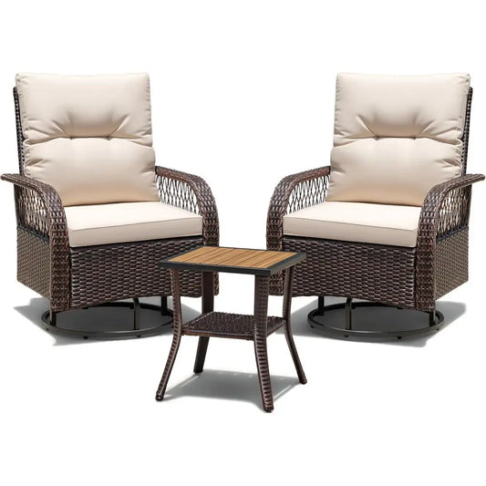 Outdoor Wicker Patio 3 Piece Rocking Swivel Chairs With Table
