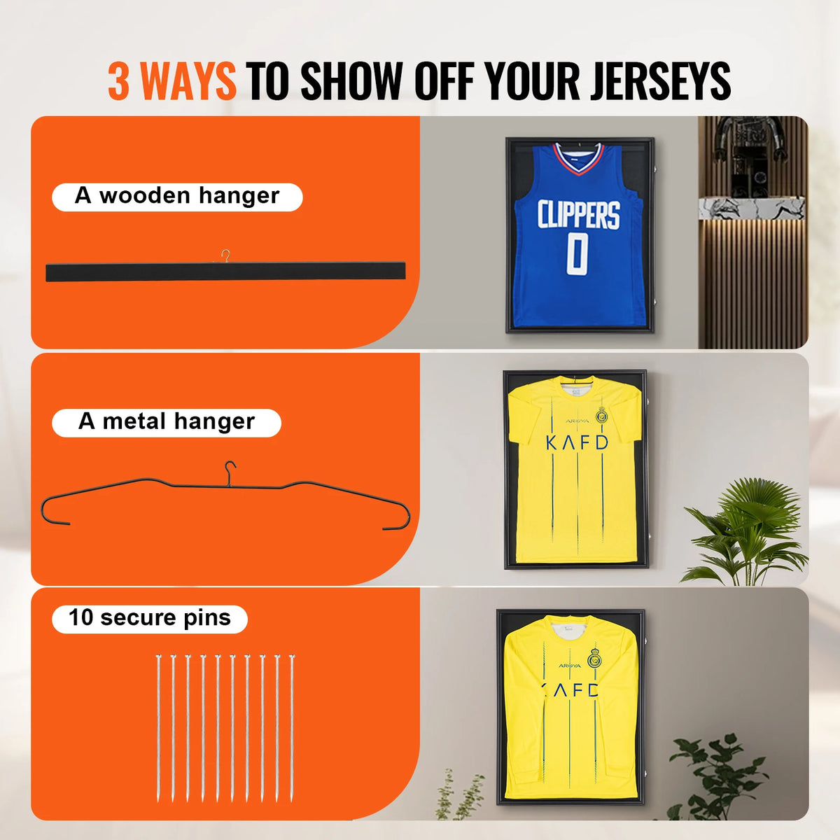 SucceBuy Jersey Display / Sports Card Display Frame Case, Large Lockable Sport Shadow Box, 98% UV Protection PC Glass & Hangers