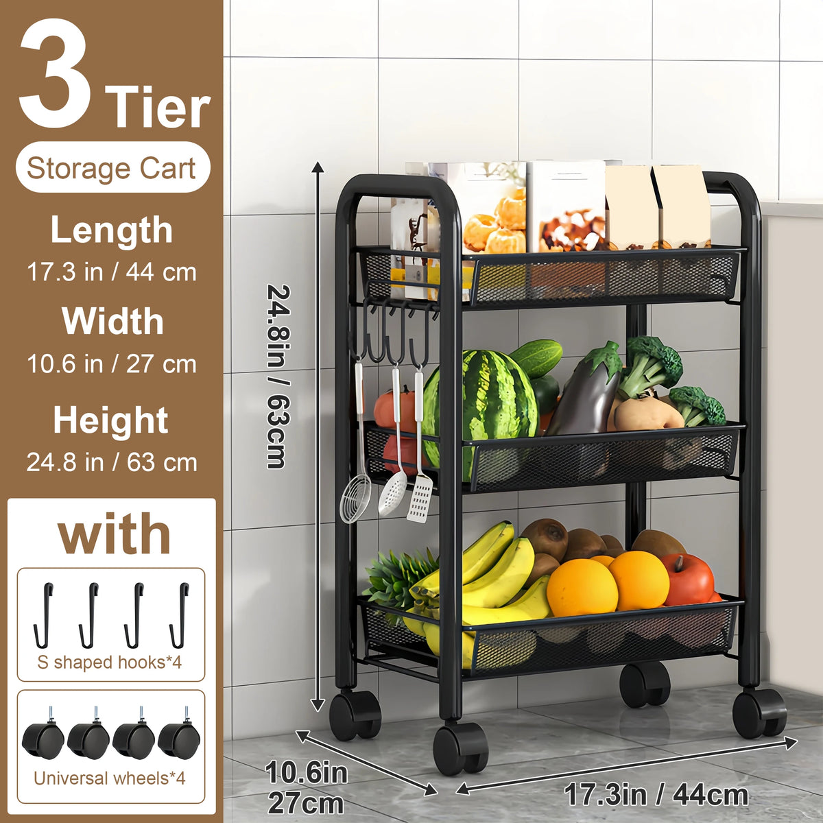 Multilayer Metal Kitchen Storage Cart With Wheels And Stackable Design