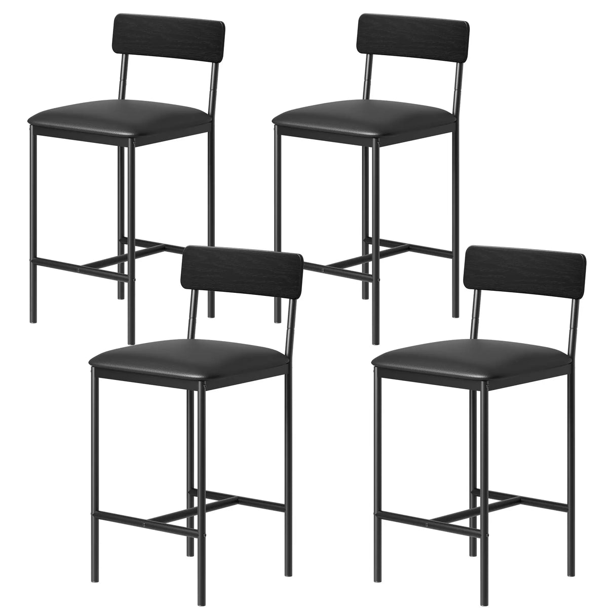 4 PCS Counter Height Bar Stools 25.5'' PU Leather Upholstered Bar Chairs with Backrest & Footrest Easy Assembly Black for Kitchen
