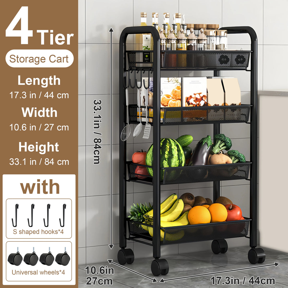 Multilayer Metal Kitchen Storage Cart With Wheels And Stackable Design