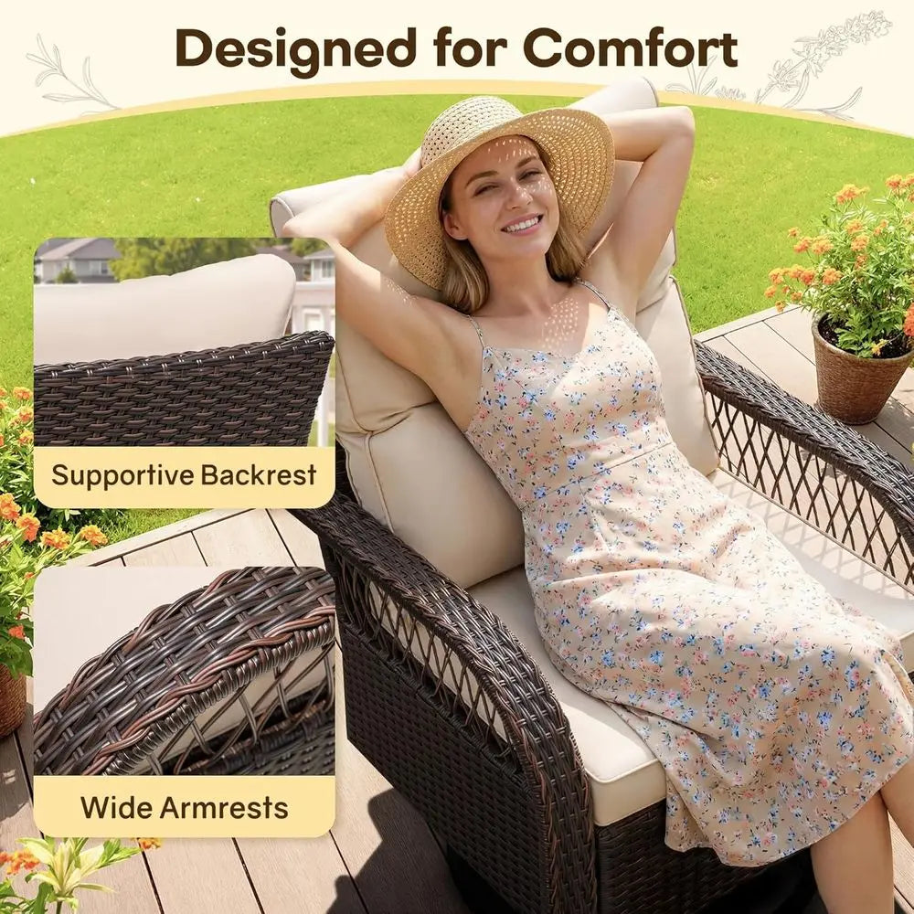 Outdoor Wicker Patio 3 Piece Rocking Swivel Chairs With Table