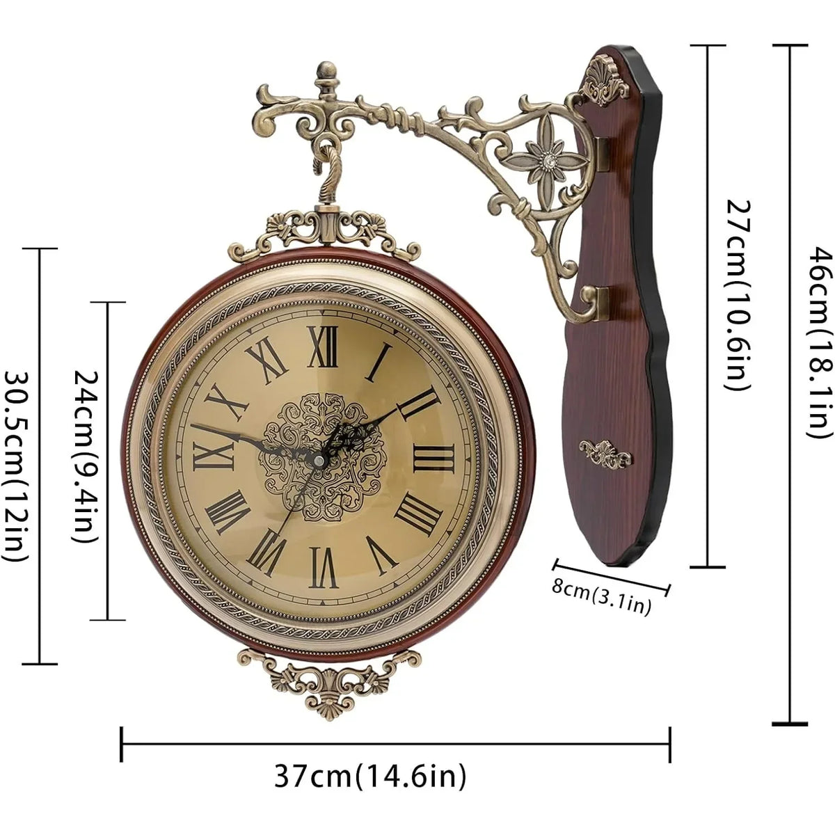 European Style Double Sided Wall Clock Alloy And Wood