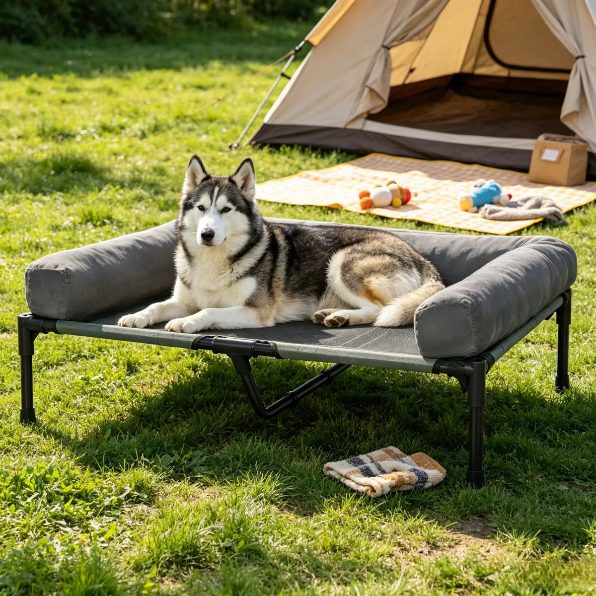 BINGOPAW Elevated Cooling Dog Cot with Breathable Mesh Plush Bolster