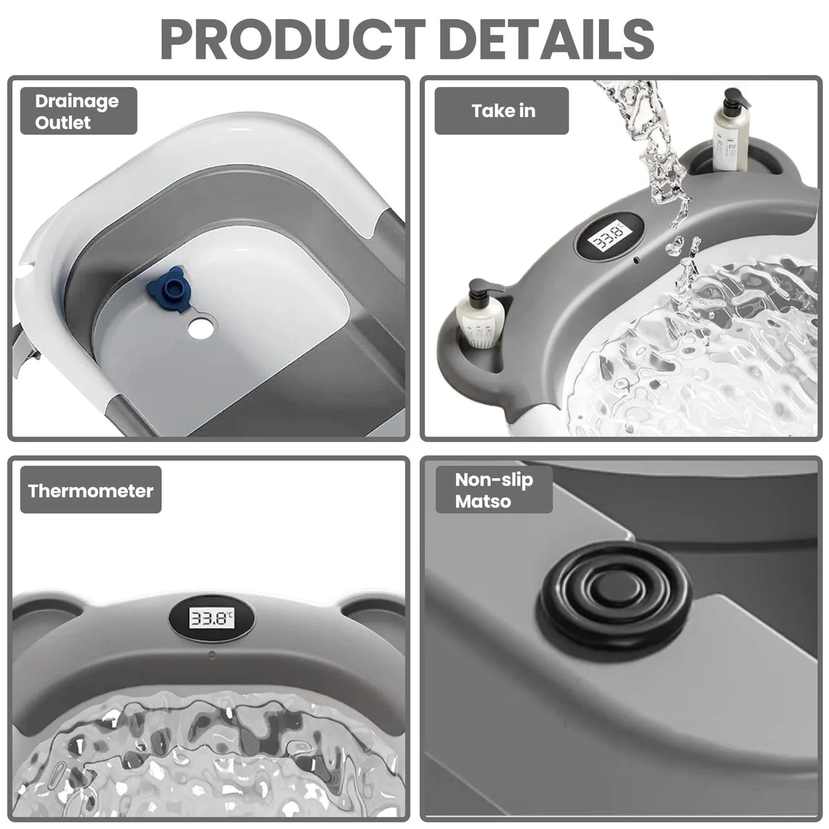 Collapsible Baby Bathtub With Thermometer Floating Cushion And Drain