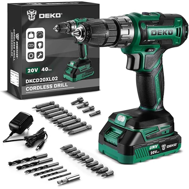 DEKO 20V Women's Cordless Drill with Battery and Charger 20V Drill Driver Kit Suitable for Woodworking Household Tools