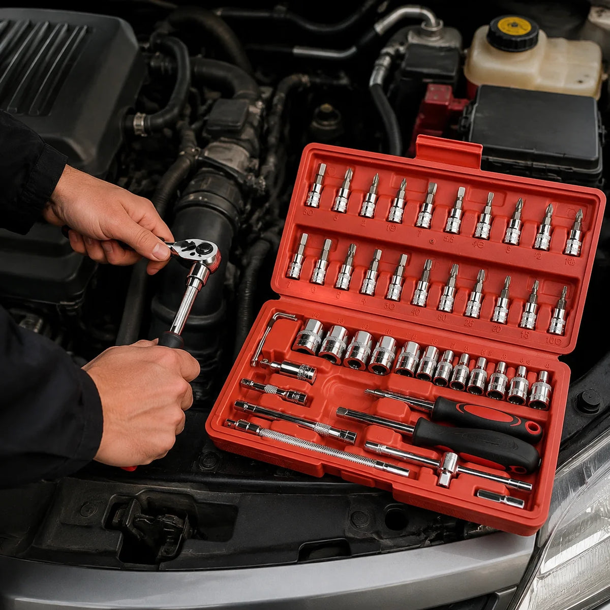 Complete Socket Wrench Tool Kit with Portable Carry Storage Box, All-in-One Household Hand Hardware Combination Tools, Multi-Functional Repair Tool Set for Furniture Assembly, Appliance Fixing, Bicycle & Auto Daily DIY Mainte