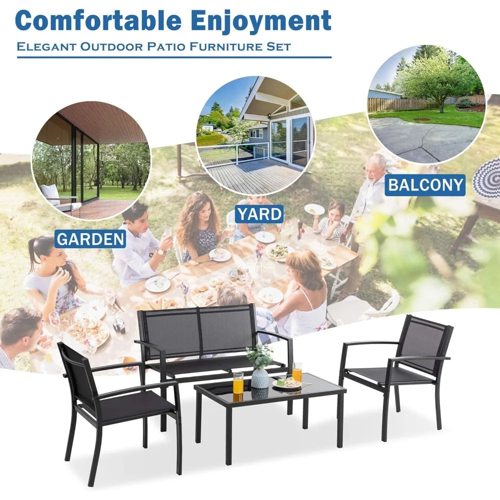 Patio Furniture 4 Piece Outdoor Conversation Set With Glass Coffee Table