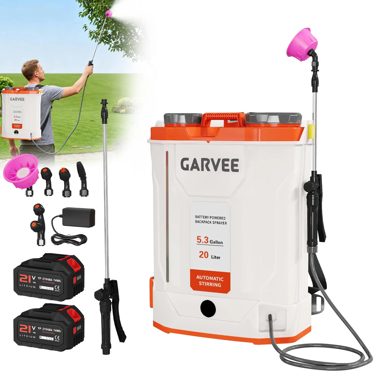 Battery Powered Backpack Sprayer 3.2/5.3 Gallon 21V 4Ah Electric Weed Sprayer 90 PSI Agitation System 5 Nozzles