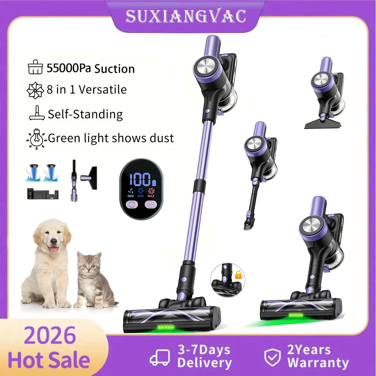 SUXIANGVAC Cordless Vacuum Cleaner 500W 55KPa Self Standing