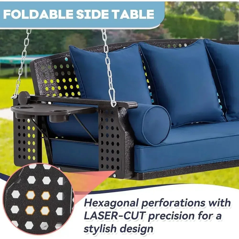 Three Seat Patio Swing Bench With Cup Holders And Cushions