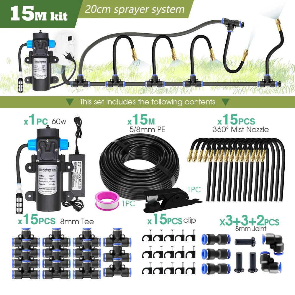 Garden Misting Pump Kit with 60W Self Priming Brass Nozzle