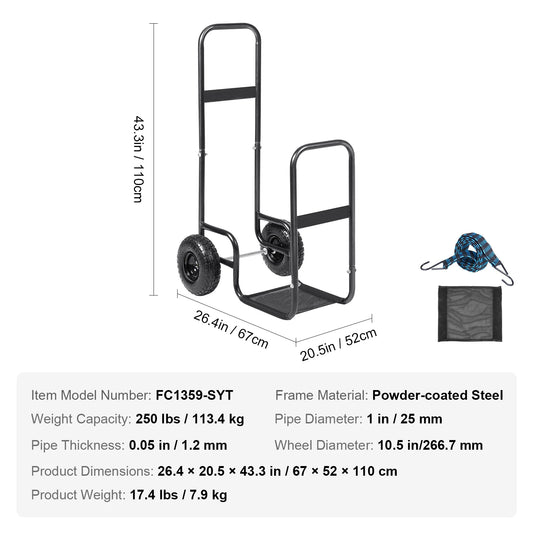 Firewood Log Cart Indoor Outdoor Wood Rack With Wheels Heavy Duty Steel